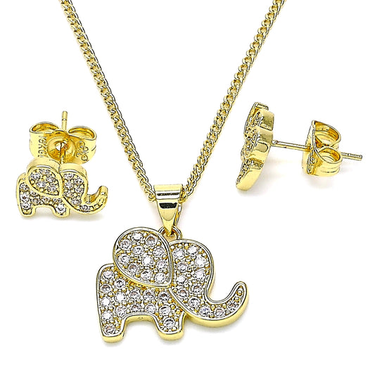 Oro Laminado Earring and Pendant Adult Set, Gold Filled Style Elephant Design, with White Micro Pave, Polished, Golden Finish
