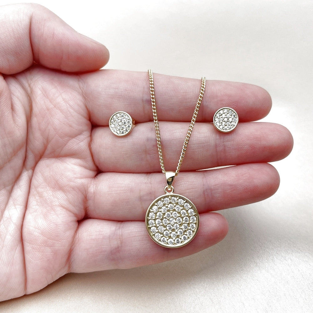 Oro Laminado Earring and Pendant Adult Set, Gold Filled Style with White Micro Pave, Polished, Golden Finish