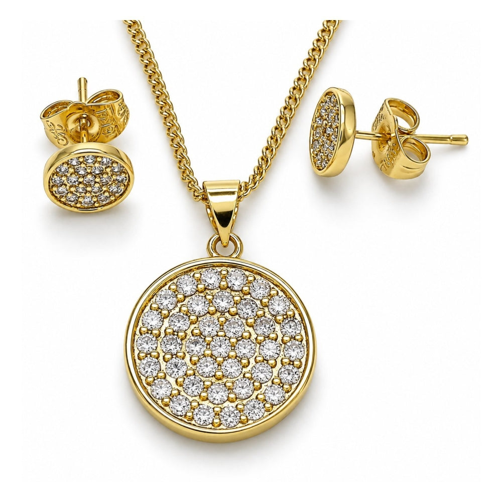 Oro Laminado Earring and Pendant Adult Set, Gold Filled Style with White Micro Pave, Polished, Golden Finish