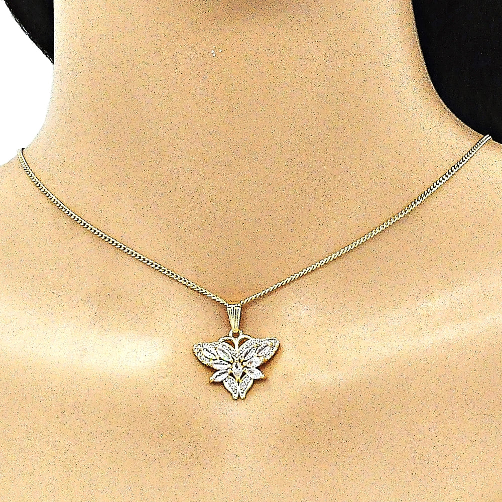 Oro Laminado Earring and Pendant Adult Set, Gold Filled Style Butterfly Design, with White Cubic Zirconia and White Micro Pave, Polished, Golden Finish