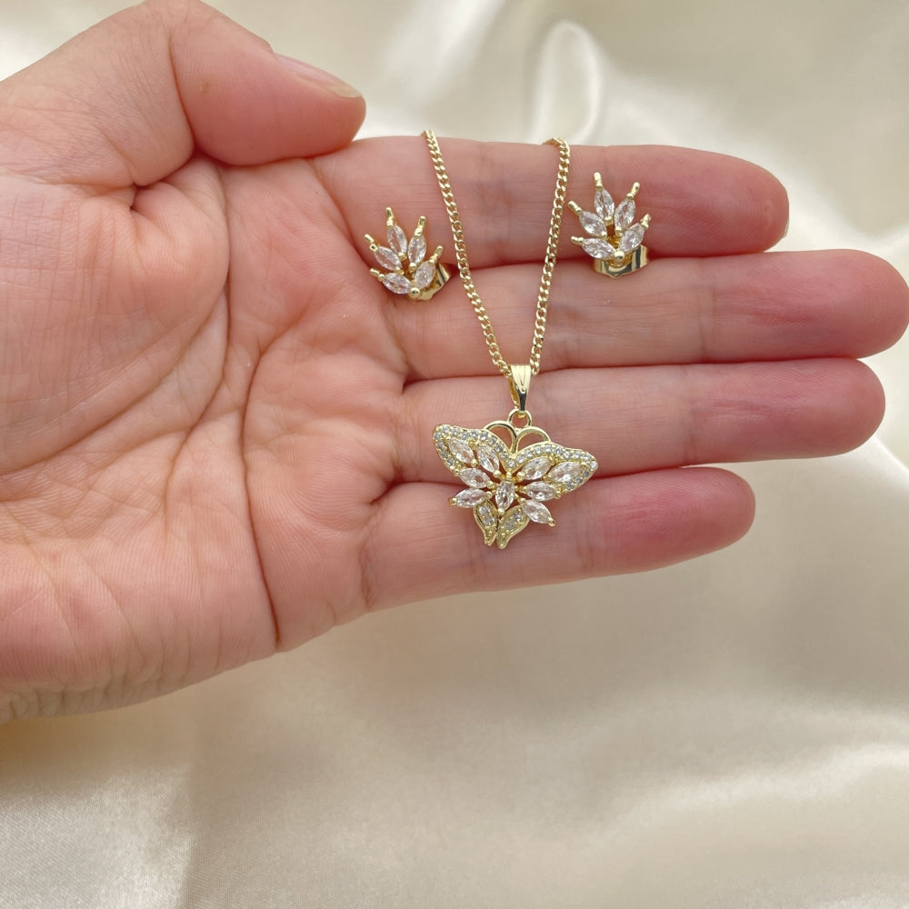 Oro Laminado Earring and Pendant Adult Set, Gold Filled Style Butterfly Design, with White Cubic Zirconia and White Micro Pave, Polished, Golden Finish
