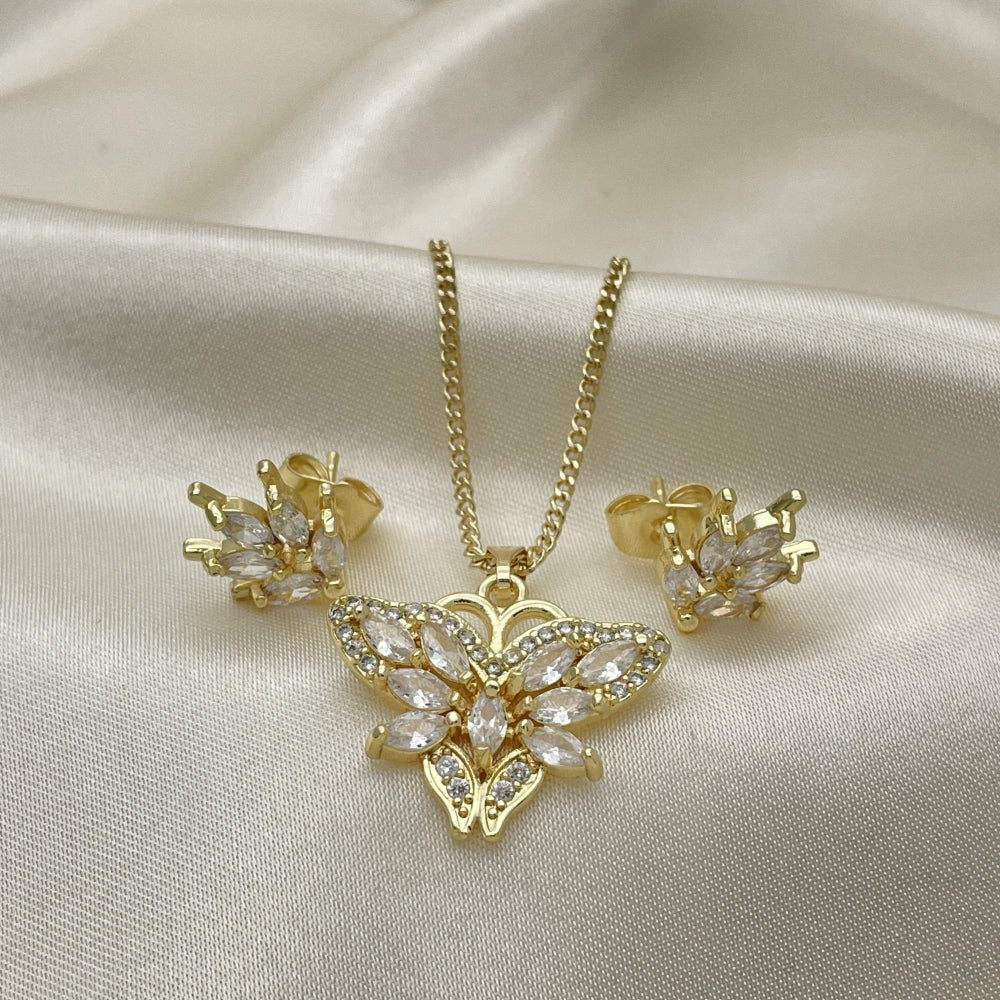 Oro Laminado Earring and Pendant Adult Set, Gold Filled Style Butterfly Design, with White Cubic Zirconia and White Micro Pave, Polished, Golden Finish