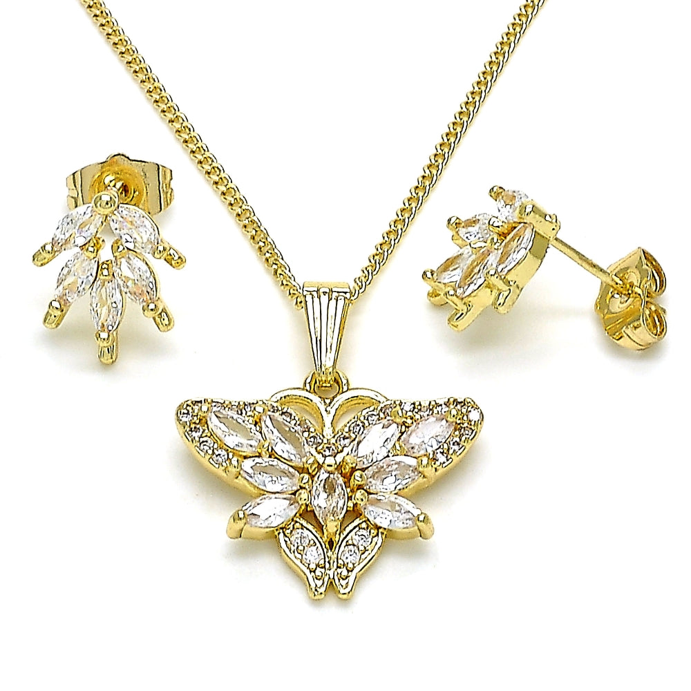 Oro Laminado Earring and Pendant Adult Set, Gold Filled Style Butterfly Design, with White Cubic Zirconia and White Micro Pave, Polished, Golden Finish