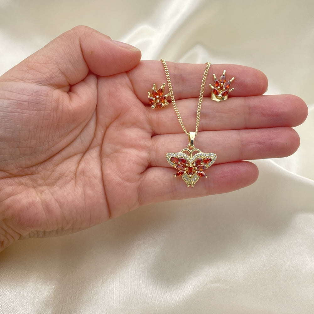 Oro Laminado Earring and Pendant Adult Set, Gold Filled Style Butterfly Design, with Garnet Cubic Zirconia and White Micro Pave, Polished, Golden Finish