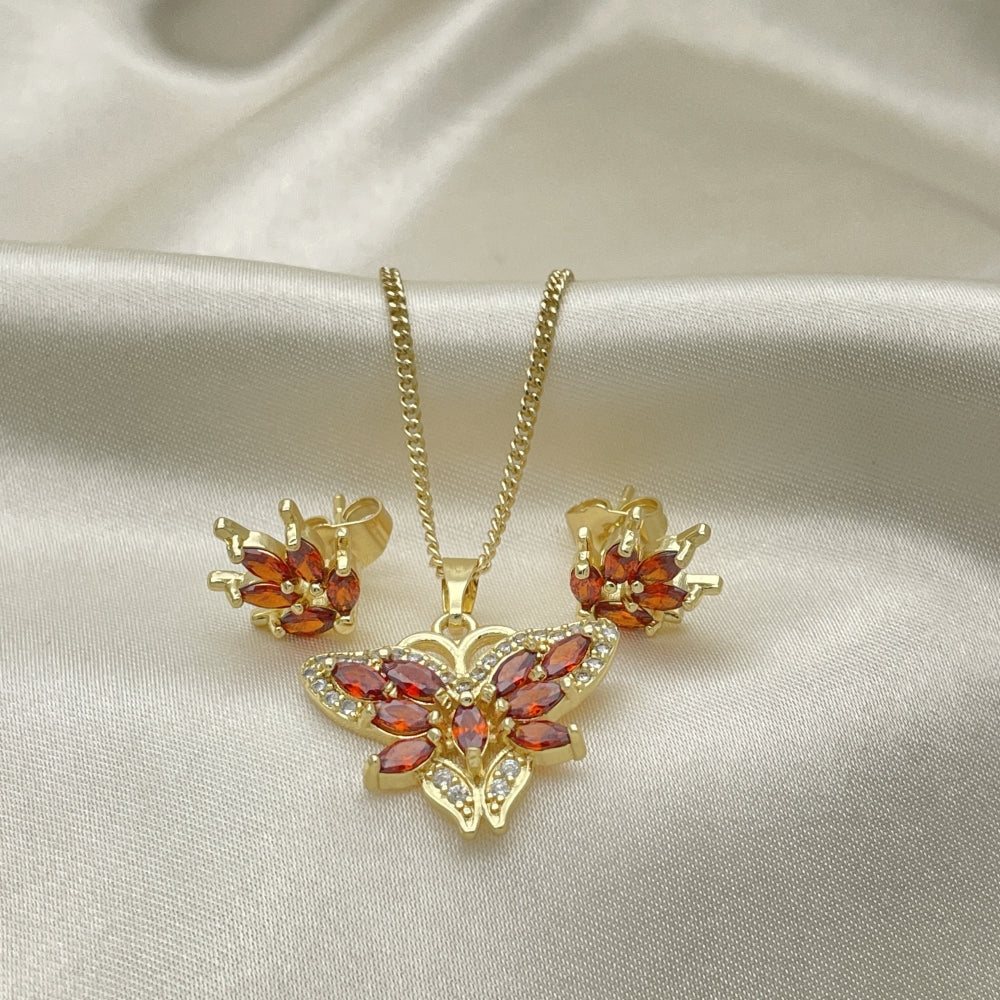 Oro Laminado Earring and Pendant Adult Set, Gold Filled Style Butterfly Design, with Garnet Cubic Zirconia and White Micro Pave, Polished, Golden Finish