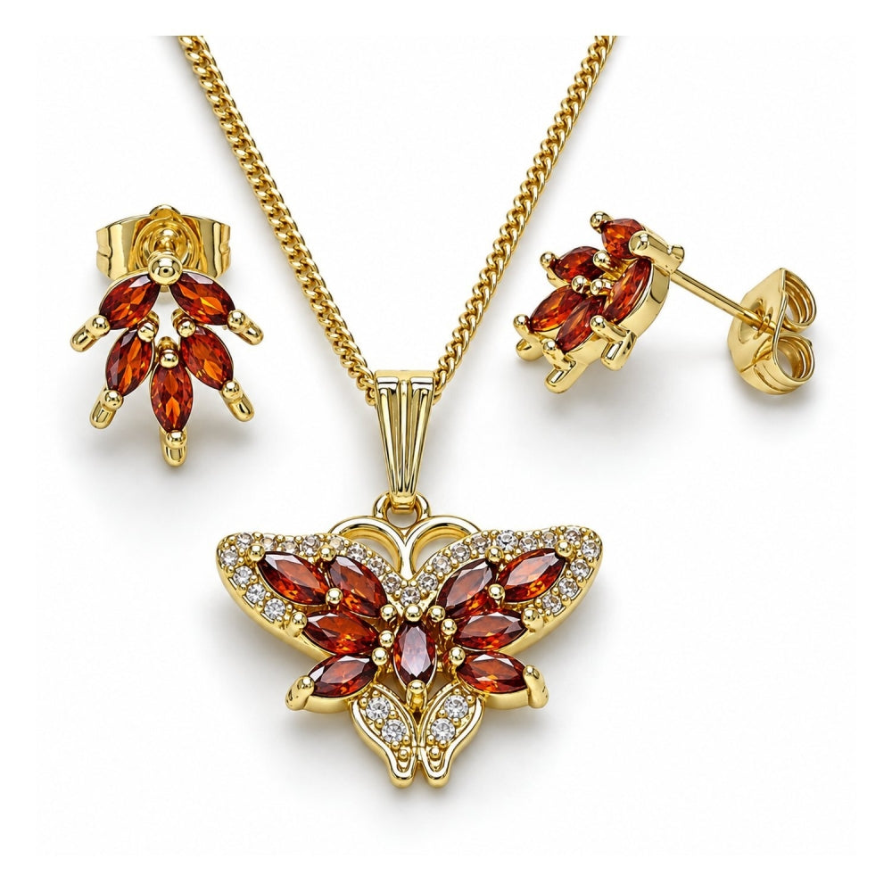 Oro Laminado Earring and Pendant Adult Set, Gold Filled Style Butterfly Design, with Garnet Cubic Zirconia and White Micro Pave, Polished, Golden Finish