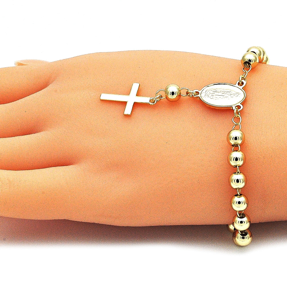 Oro Laminado Bracelet Rosary, Gold Filled Style Guadalupe and Cross Design, Polished, Golden Finish