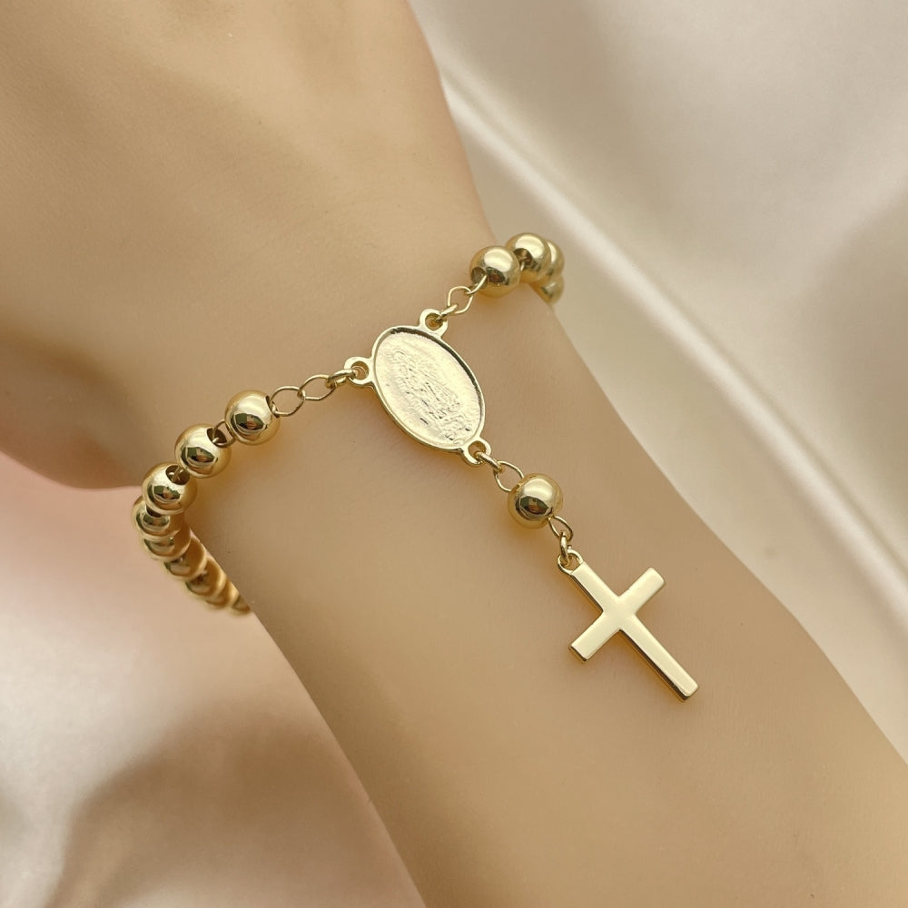 Oro Laminado Bracelet Rosary, Gold Filled Style Guadalupe and Cross Design, Polished, Golden Finish