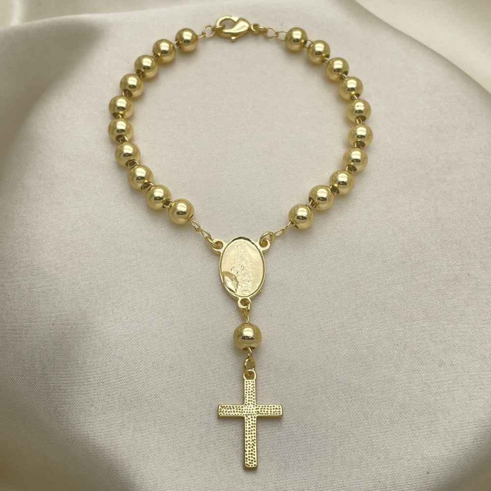 Oro Laminado Bracelet Rosary, Gold Filled Style Guadalupe and Cross Design, Polished, Golden Finish
