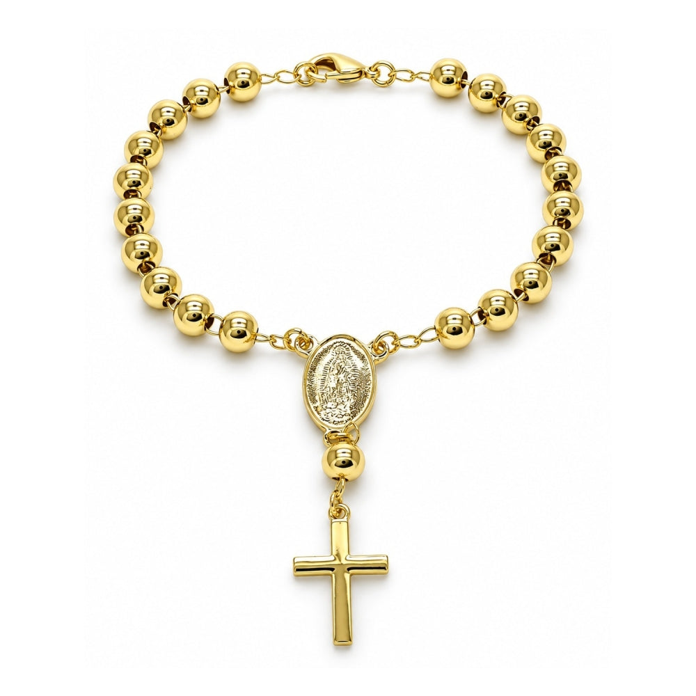 Oro Laminado Bracelet Rosary, Gold Filled Style Guadalupe and Cross Design, Polished, Golden Finish