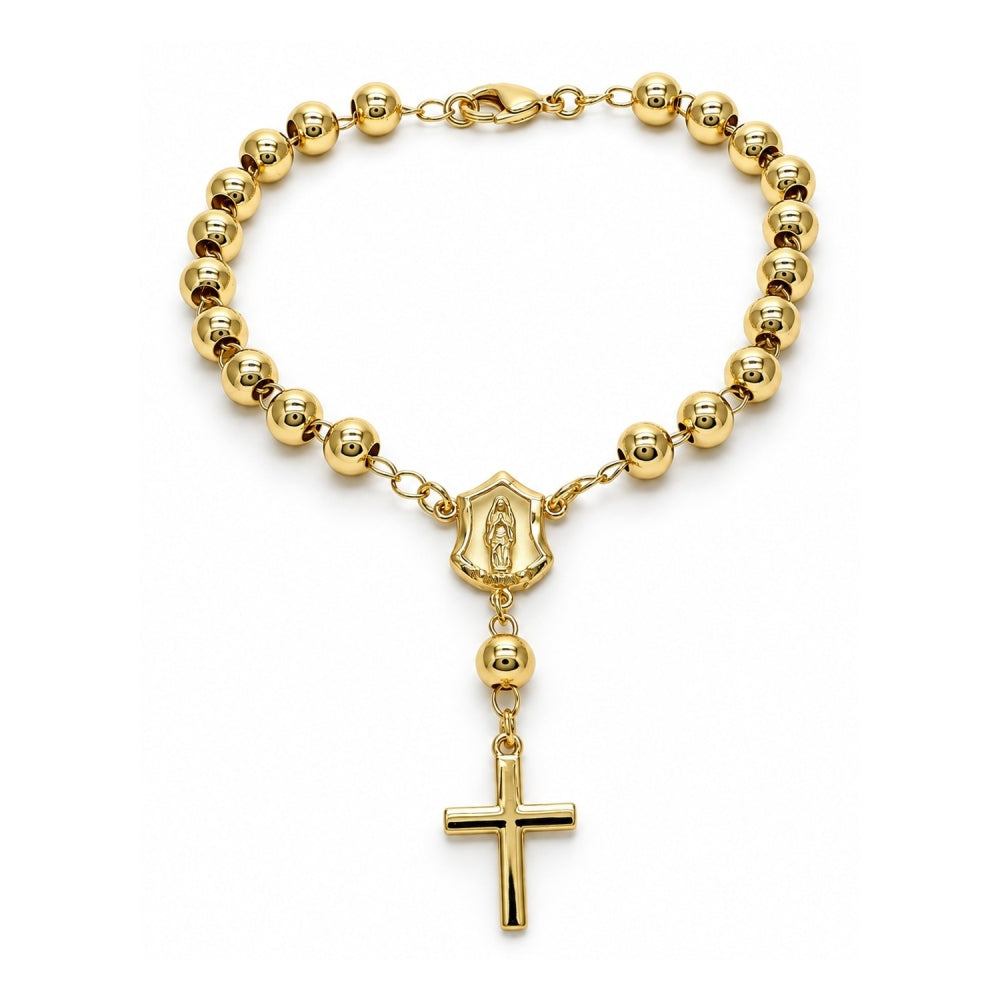 Oro Laminado Bracelet Rosary, Gold Filled Style Guadalupe and Cross Design, Polished, Golden Finish