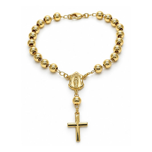 Oro Laminado Bracelet Rosary, Gold Filled Style Guadalupe and Cross Design, Polished, Golden Finish