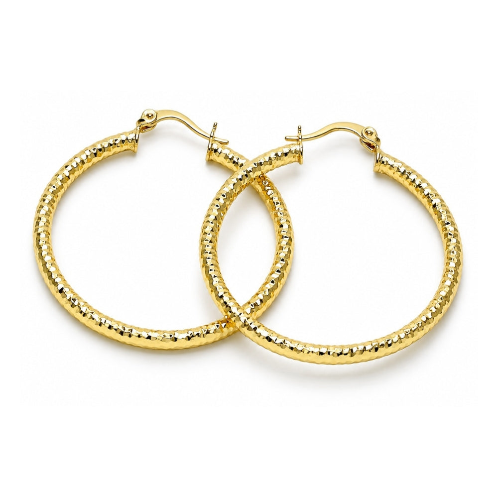 Oro Laminado Medium Hoop, Gold Filled Style Hollow Design, Diamond Cutting Finish, Golden Finish