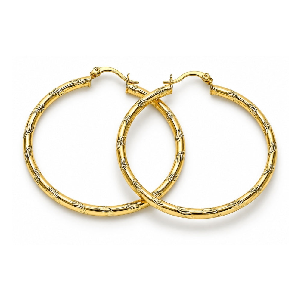 Oro Laminado Large Hoop, Gold Filled Style Hollow Design, Diamond Cutting Finish, Golden Finish