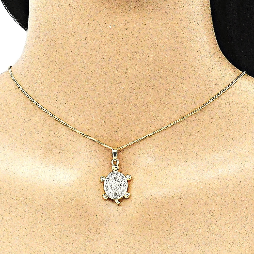 Oro Laminado Earring and Pendant Adult Set, Gold Filled Style Turtle Design, with White Micro Pave, Polished, Golden Finish