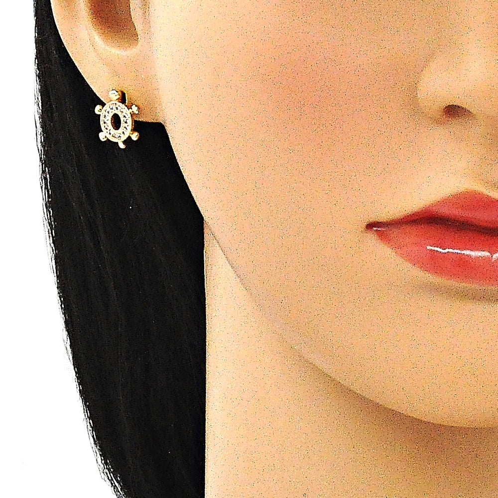 Oro Laminado Earring and Pendant Adult Set, Gold Filled Style Turtle Design, with White Micro Pave, Polished, Golden Finish