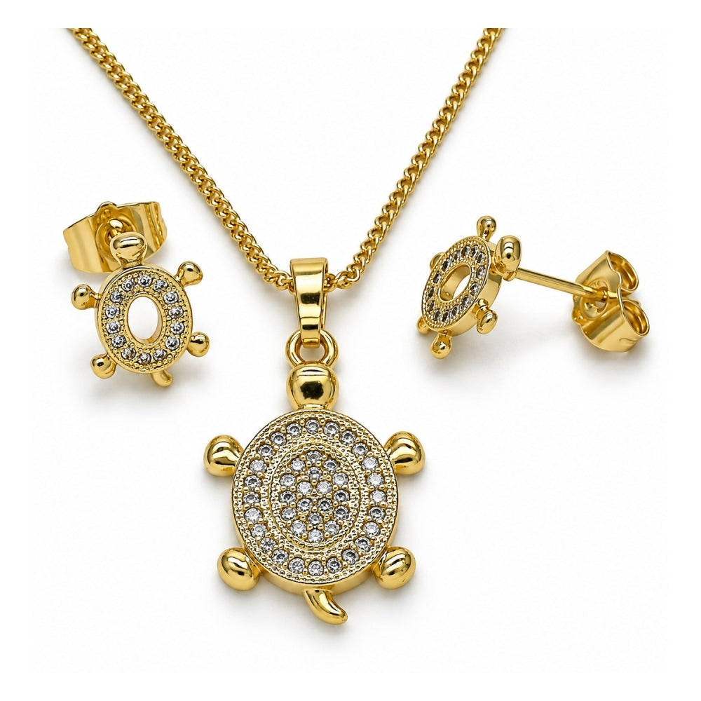 Oro Laminado Earring and Pendant Adult Set, Gold Filled Style Turtle Design, with White Micro Pave, Polished, Golden Finish