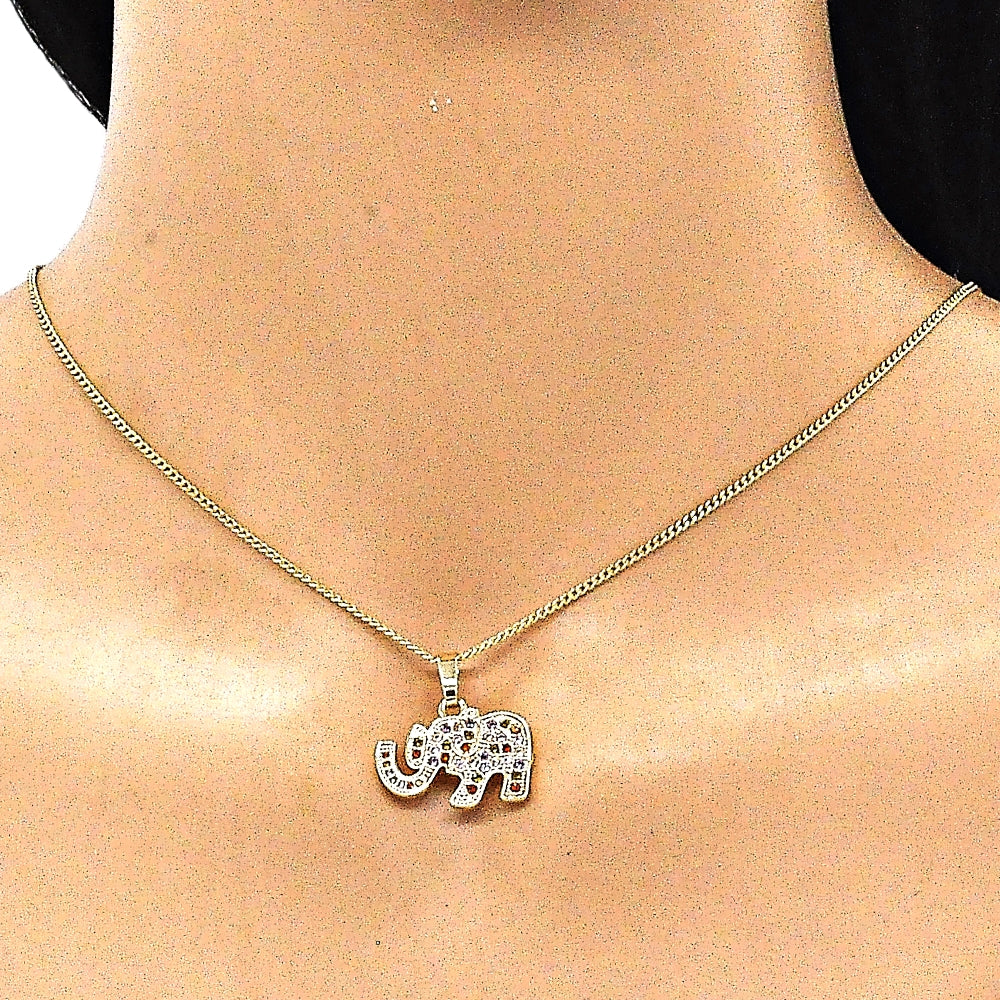 Oro Laminado Earring and Pendant Adult Set, Gold Filled Style Elephant Design, with White Micro Pave, Polished, Golden Finish