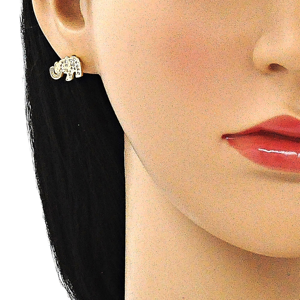 Oro Laminado Earring and Pendant Adult Set, Gold Filled Style Elephant Design, with White Micro Pave, Polished, Golden Finish