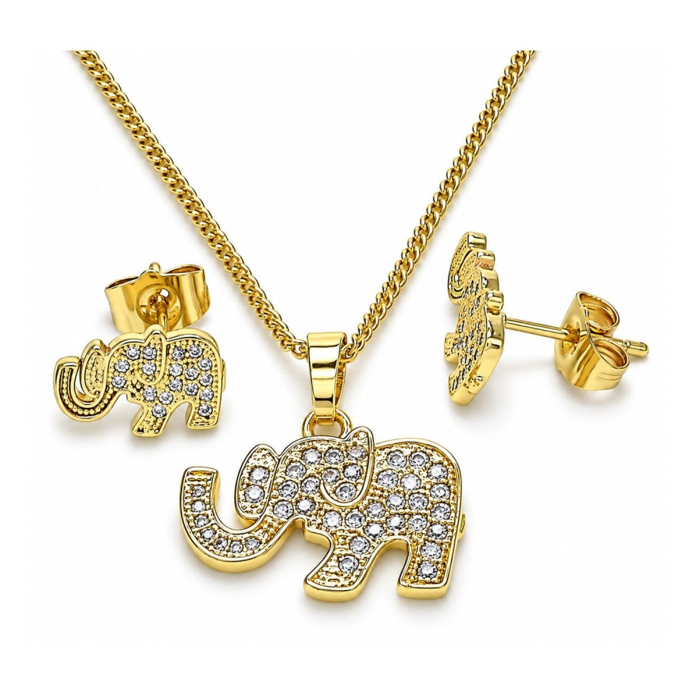 Oro Laminado Earring and Pendant Adult Set, Gold Filled Style Elephant Design, with White Micro Pave, Polished, Golden Finish