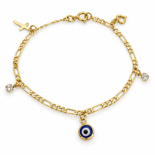 Oro Laminado Charm Bracelet, Gold Filled Style Evil Eye and Cross Design, Polished, Golden Finish