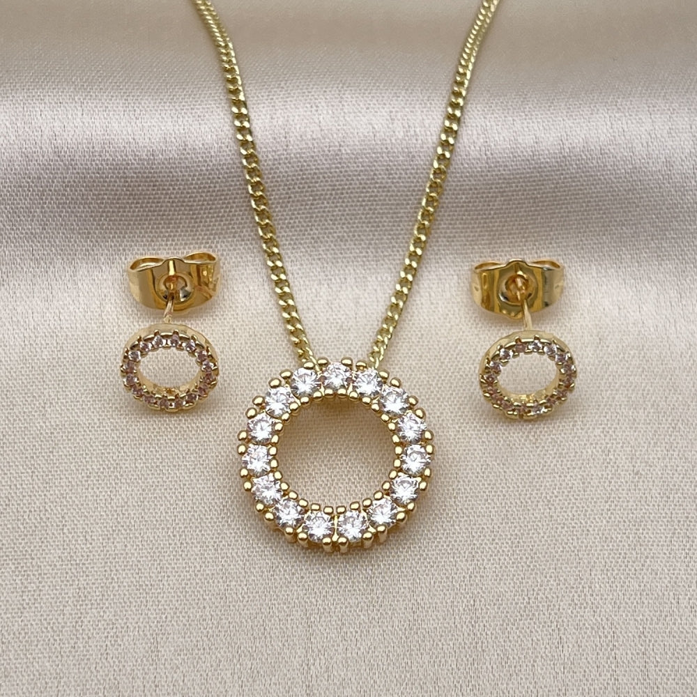 Oro Laminado Earring and Pendant Adult Set, Gold Filled Style with White Cubic Zirconia, Polished, Golden Finish