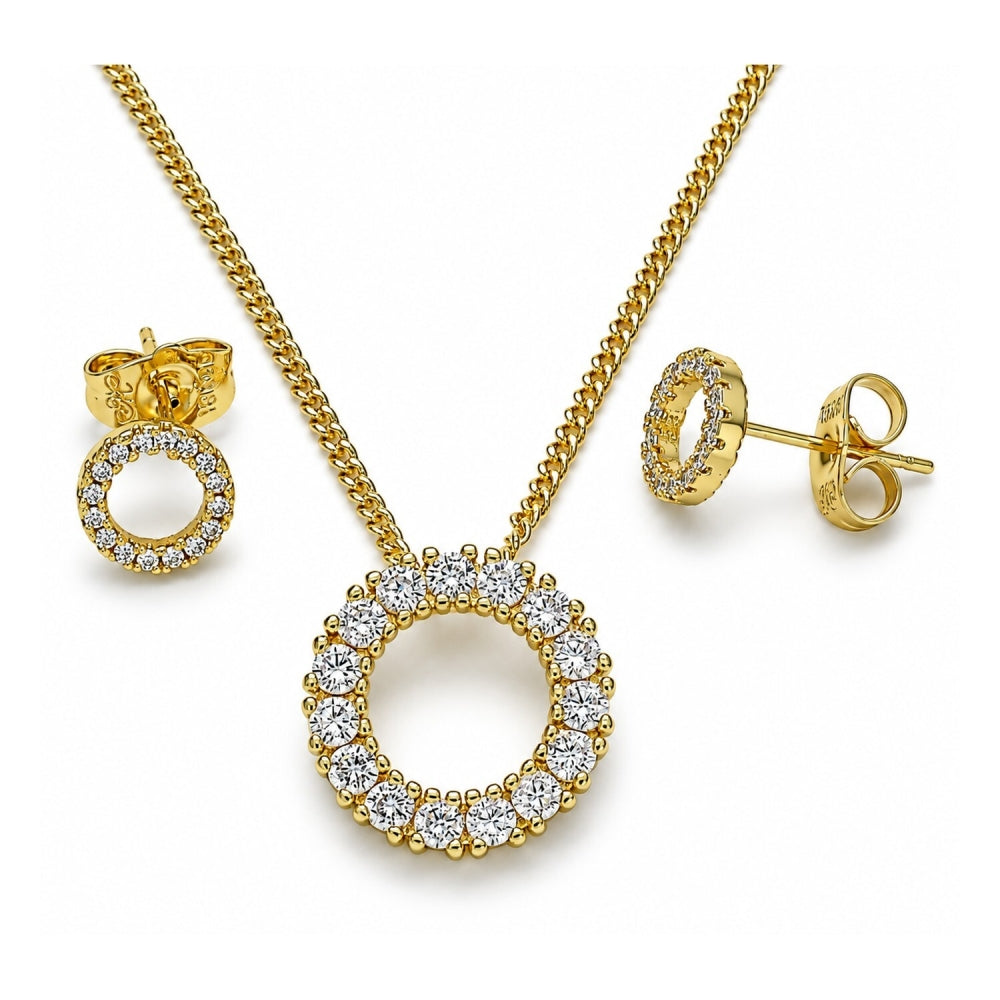 Oro Laminado Earring and Pendant Adult Set, Gold Filled Style with White Cubic Zirconia, Polished, Golden Finish