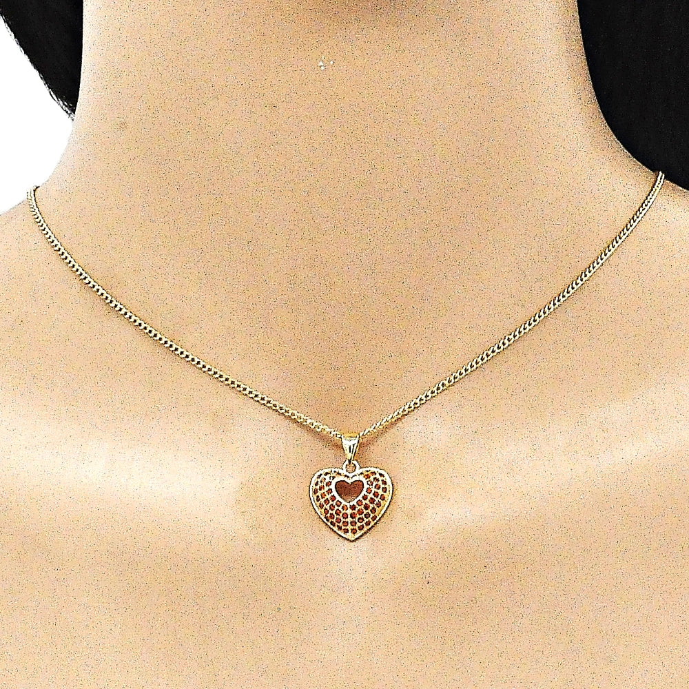 Oro Laminado Earring and Pendant Adult Set, Gold Filled Style Heart Design, with Garnet Micro Pave, Polished, Golden Finish