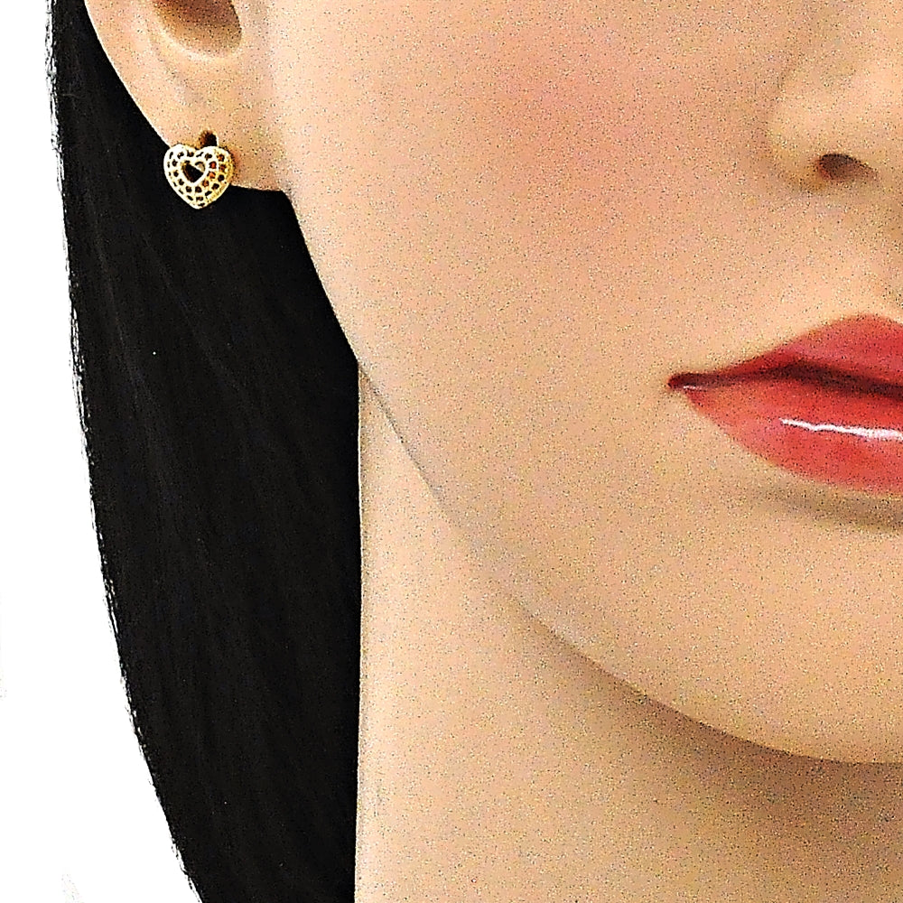 Oro Laminado Earring and Pendant Adult Set, Gold Filled Style Heart Design, with Garnet Micro Pave, Polished, Golden Finish