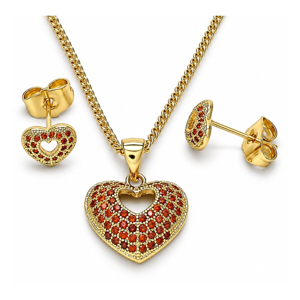 Oro Laminado Earring and Pendant Adult Set, Gold Filled Style Heart Design, with Garnet Micro Pave, Polished, Golden Finish