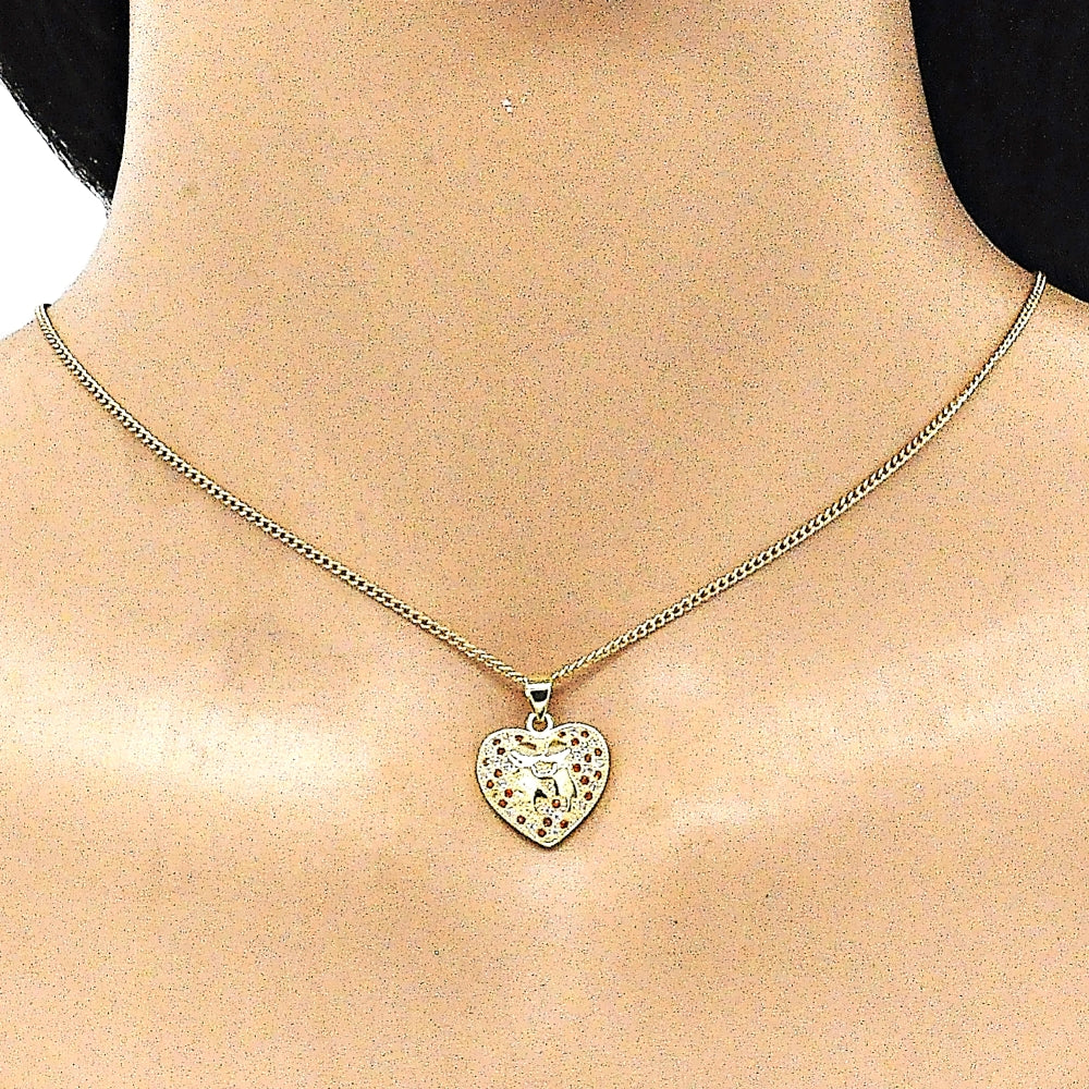 Oro Laminado Earring and Pendant Adult Set, Gold Filled Style Heart Design, with Garnet and White Micro Pave, Polished, Golden Finish