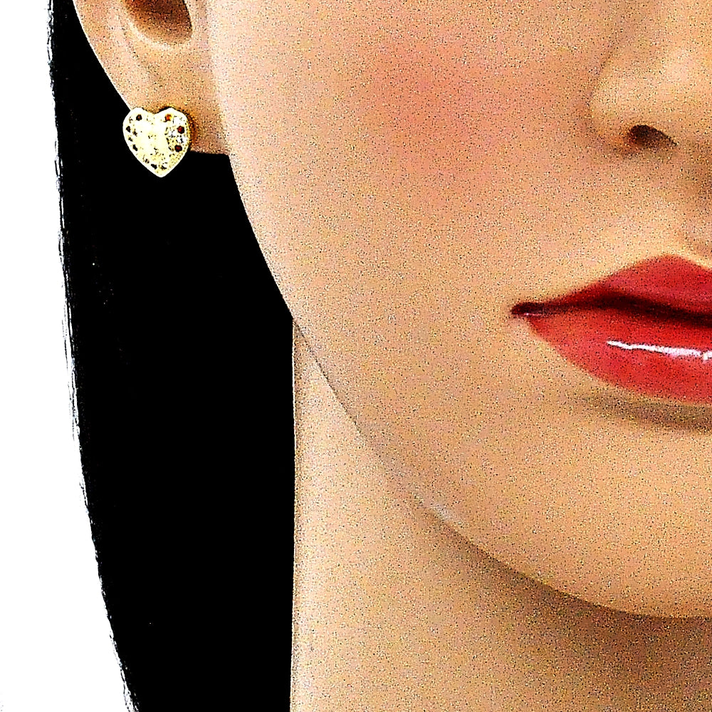 Oro Laminado Earring and Pendant Adult Set, Gold Filled Style Heart Design, with Garnet and White Micro Pave, Polished, Golden Finish