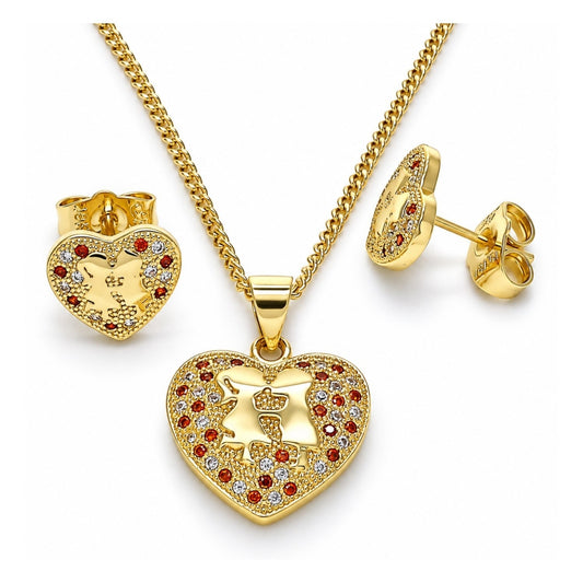 Oro Laminado Earring and Pendant Adult Set, Gold Filled Style Heart Design, with Garnet and White Micro Pave, Polished, Golden Finish