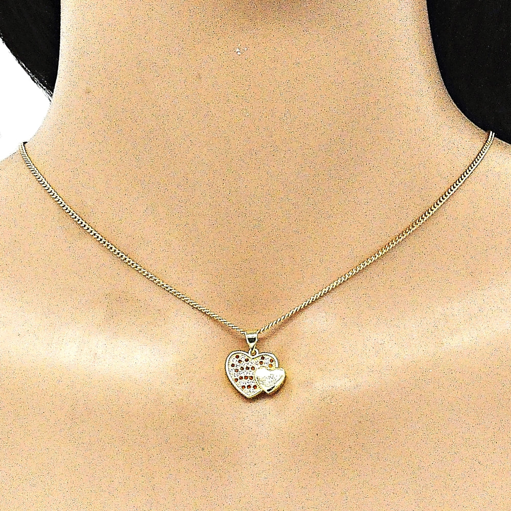 Oro Laminado Earring and Pendant Adult Set, Gold Filled Style Heart Design, with Garnet and White Micro Pave, Polished, Golden Finish