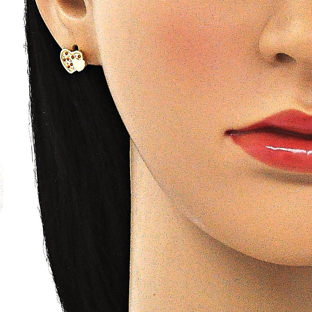 Oro Laminado Earring and Pendant Adult Set, Gold Filled Style Heart Design, with Garnet and White Micro Pave, Polished, Golden Finish