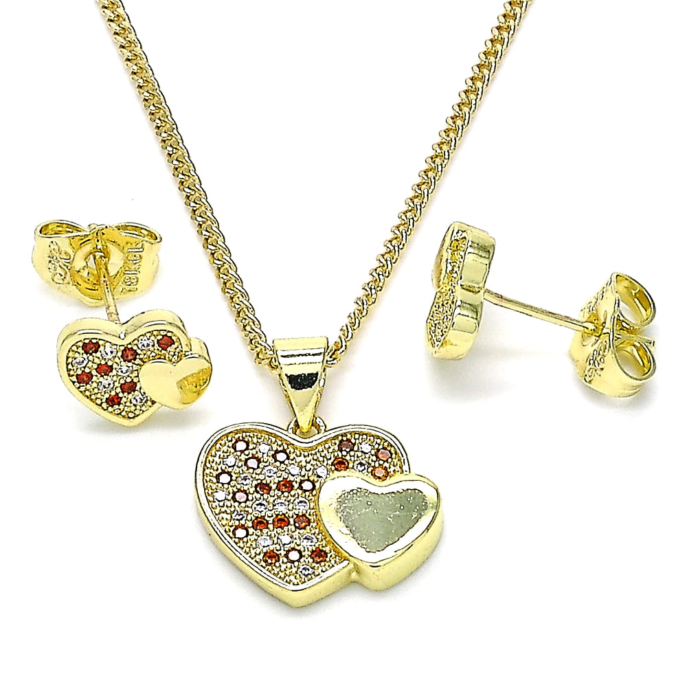 Oro Laminado Earring and Pendant Adult Set, Gold Filled Style Heart Design, with Garnet and White Micro Pave, Polished, Golden Finish
