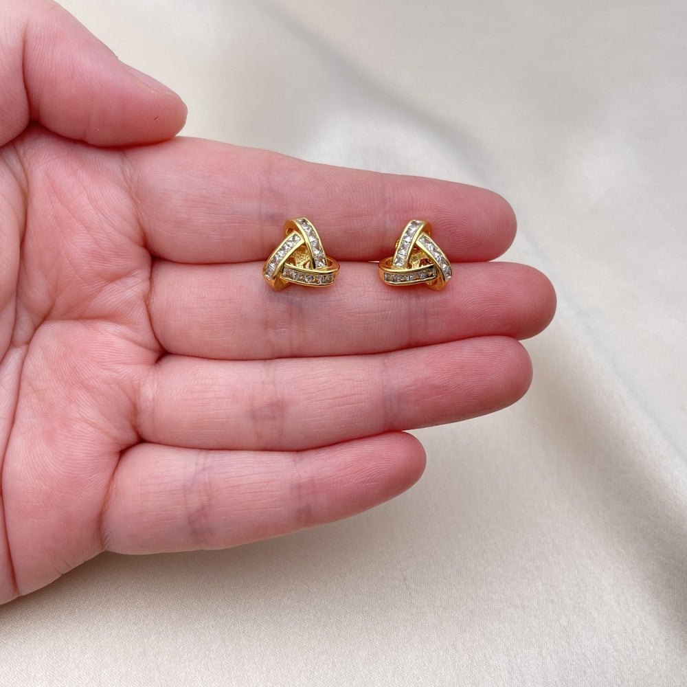 Oro Laminado Stud Earring, Gold Filled Style Love Knot and Baguette Design, with White Cubic Zirconia, Polished, Golden Finish