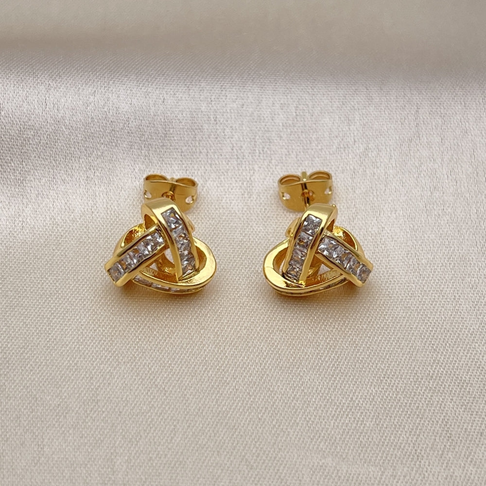Oro Laminado Stud Earring, Gold Filled Style Love Knot and Baguette Design, with White Cubic Zirconia, Polished, Golden Finish