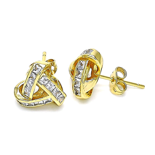 Oro Laminado Stud Earring, Gold Filled Style Love Knot and Baguette Design, with White Cubic Zirconia, Polished, Golden Finish