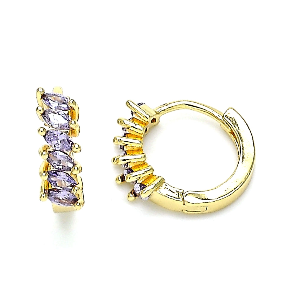 Oro Laminado Huggie Hoop, Gold Filled Style with Amethyst Cubic Zirconia, Polished, Golden Finish
