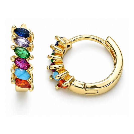 Oro Laminado Huggie Hoop, Gold Filled Style with Multicolor Cubic Zirconia, Polished, Golden Finish