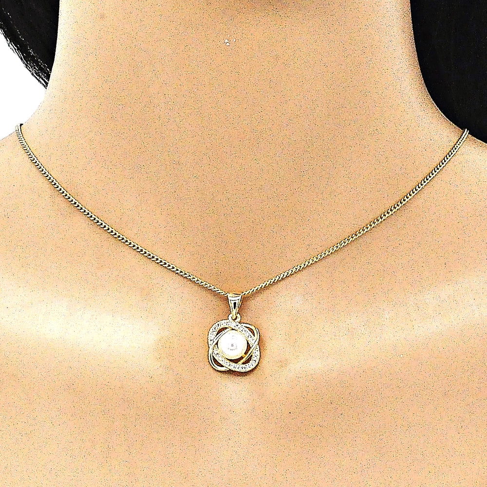 Oro Laminado Earring and Pendant Adult Set, Gold Filled Style Infinite and Twist Design, with White Micro Pave and Ivory Pearl, Polished, Golden Finish