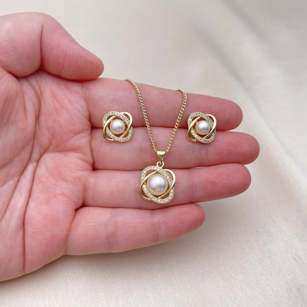 Oro Laminado Earring and Pendant Adult Set, Gold Filled Style Infinite and Twist Design, with White Micro Pave and Ivory Pearl, Polished, Golden Finish