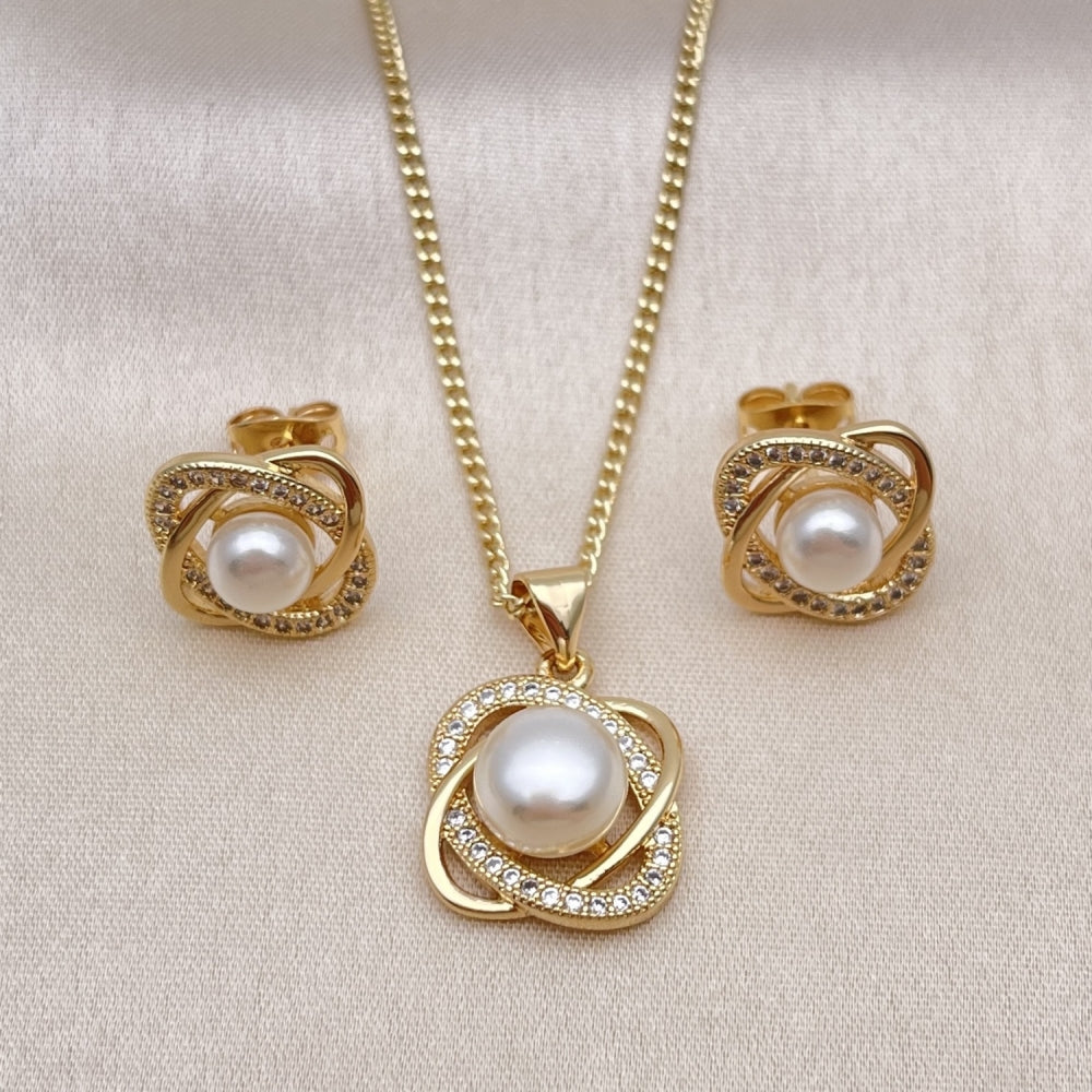 Oro Laminado Earring and Pendant Adult Set, Gold Filled Style Infinite and Twist Design, with White Micro Pave and Ivory Pearl, Polished, Golden Finish
