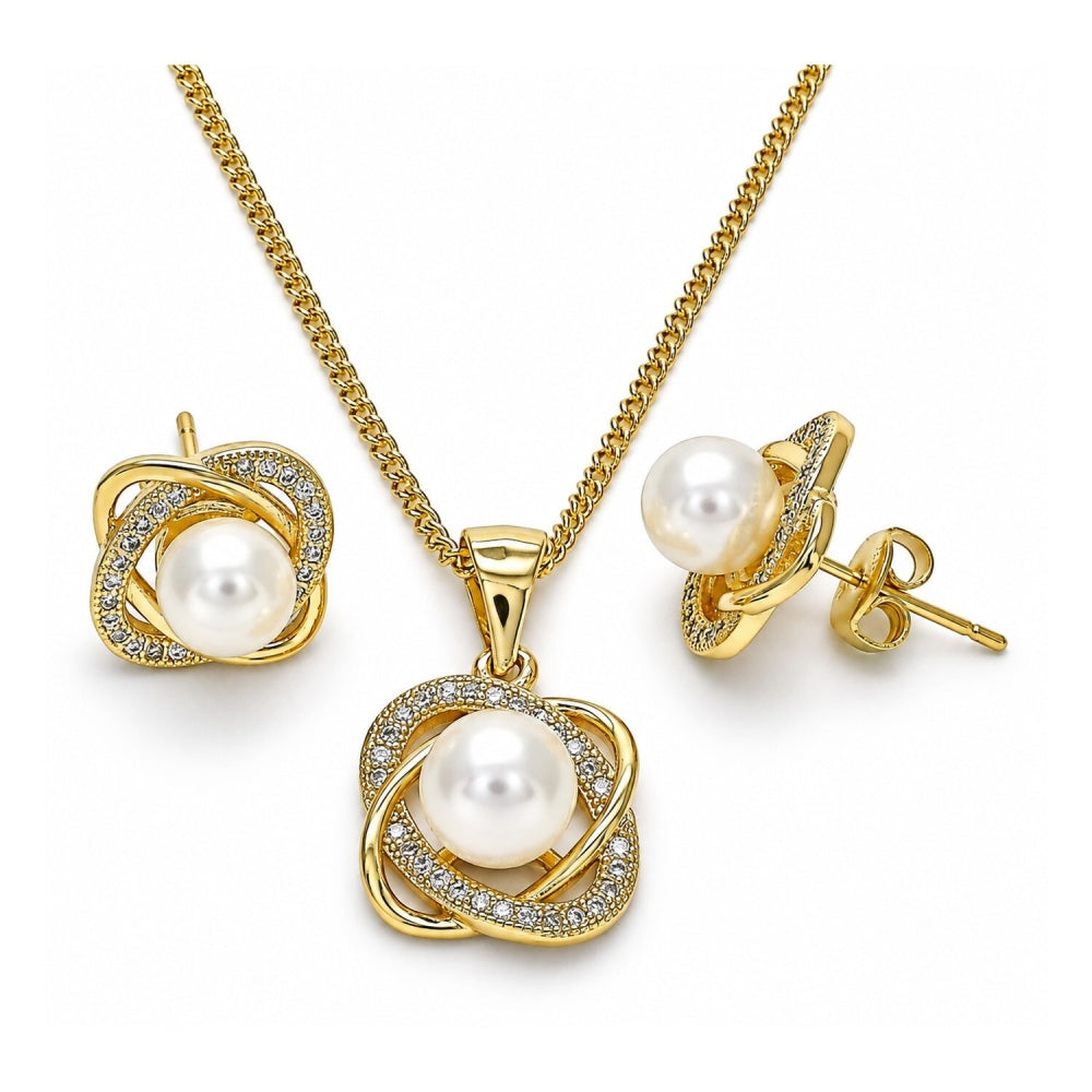 Oro Laminado Earring and Pendant Adult Set, Gold Filled Style Infinite and Twist Design, with White Micro Pave and Ivory Pearl, Polished, Golden Finish