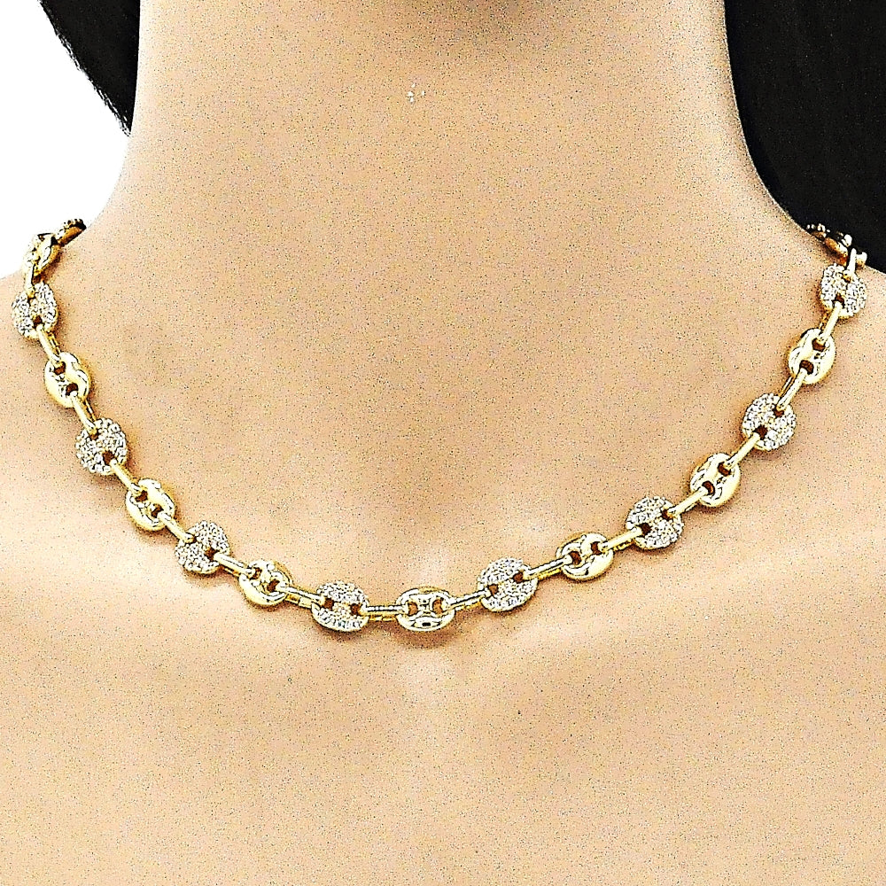 Oro Laminado Fancy Necklace, Gold Filled Style Puff Mariner Design, with White Micro Pave, Polished, Golden Finish