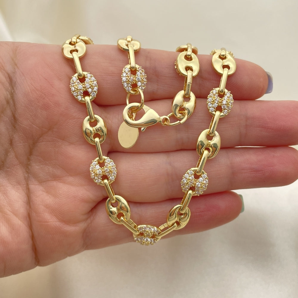 Oro Laminado Fancy Necklace, Gold Filled Style Puff Mariner Design, with White Micro Pave, Polished, Golden Finish