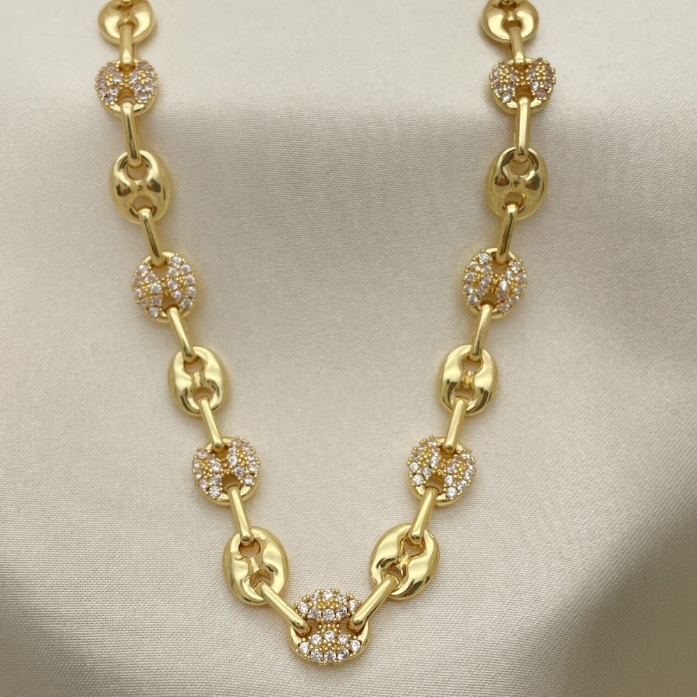Oro Laminado Fancy Necklace, Gold Filled Style Puff Mariner Design, with White Micro Pave, Polished, Golden Finish