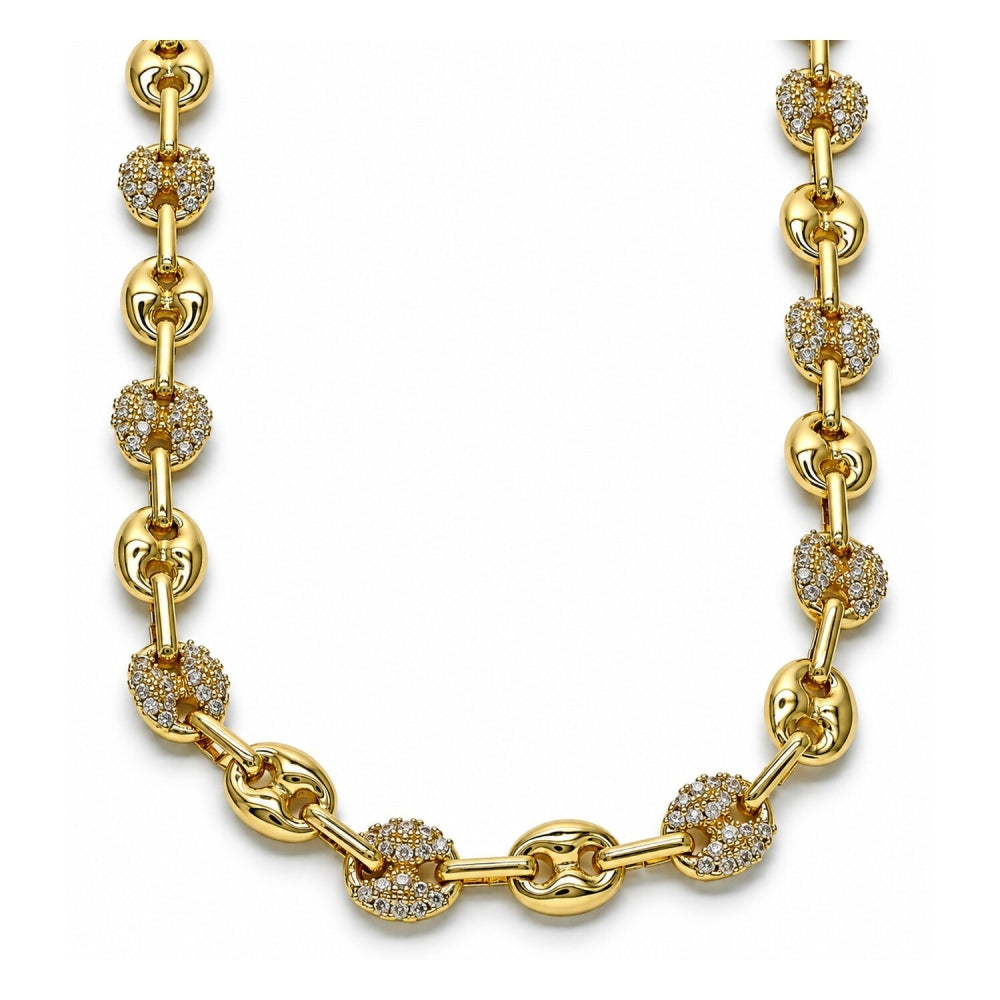 Oro Laminado Fancy Necklace, Gold Filled Style Puff Mariner Design, with White Micro Pave, Polished, Golden Finish