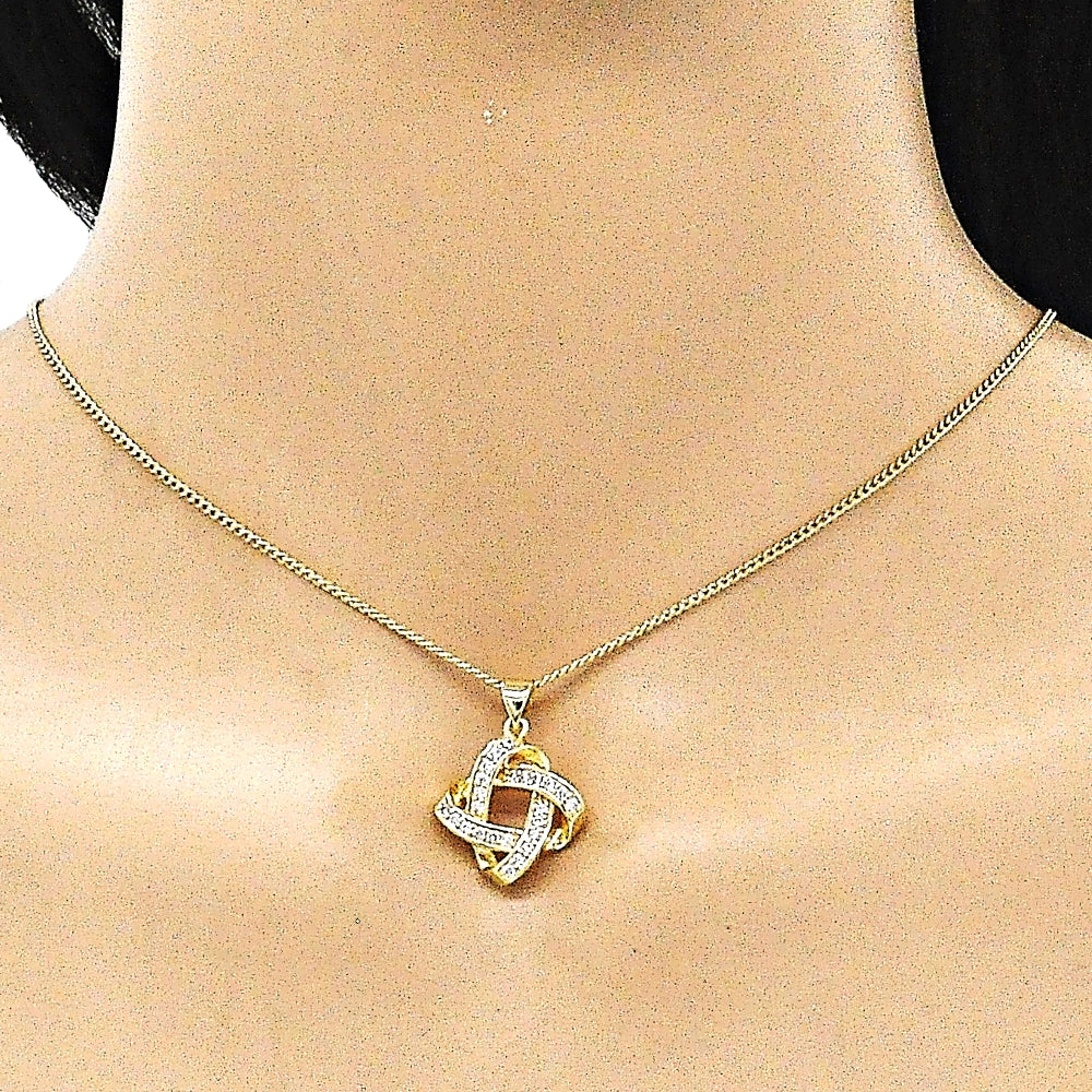Oro Laminado Earring and Pendant Adult Set, Gold Filled Style Love Knot Design, with White Micro Pave, Polished, Golden Finish